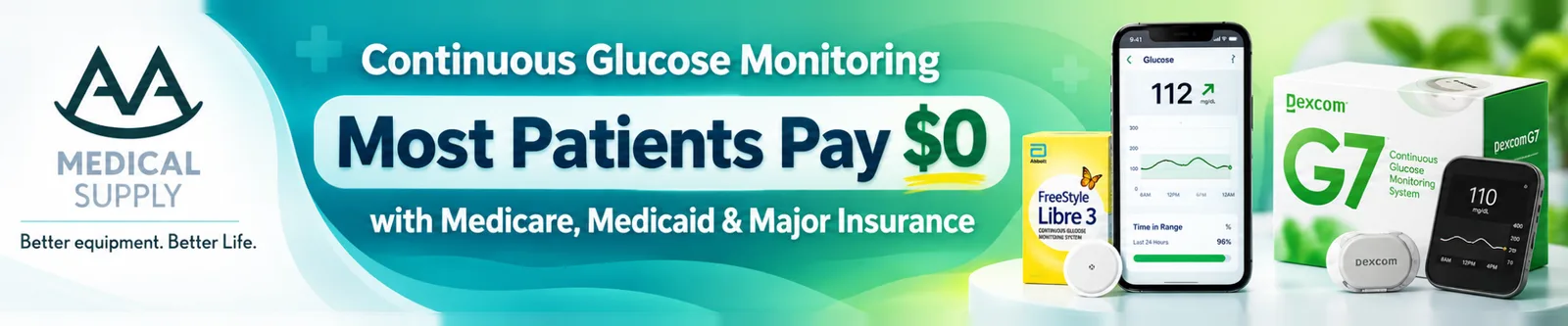 Continuous glucose monitoring: most patients pay $0 with Medicare, Medicaid and major insurance. FreeStyle Libre 3 and Dexcom G7.