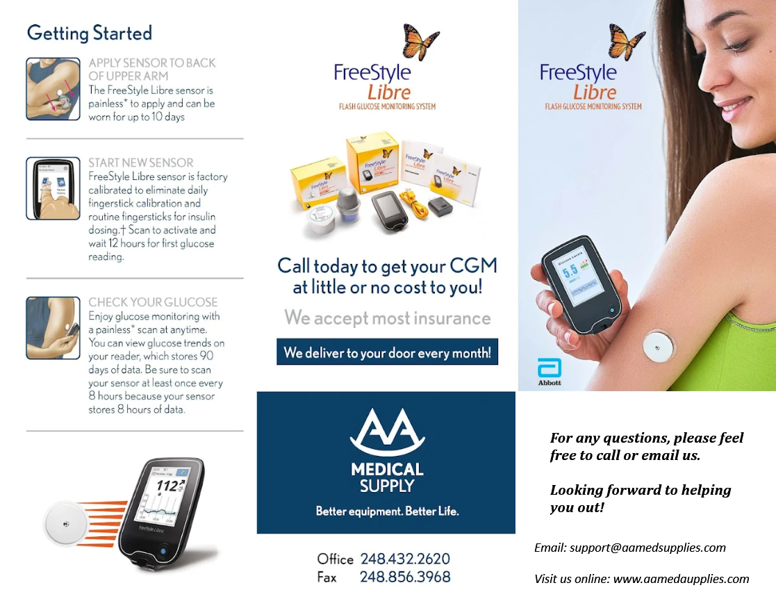 Get your FreeStyle Libre CGM at little or no cost — AA Medical Supply accepts most insurance and delivers to your door every month. Call (248) 432-2620.