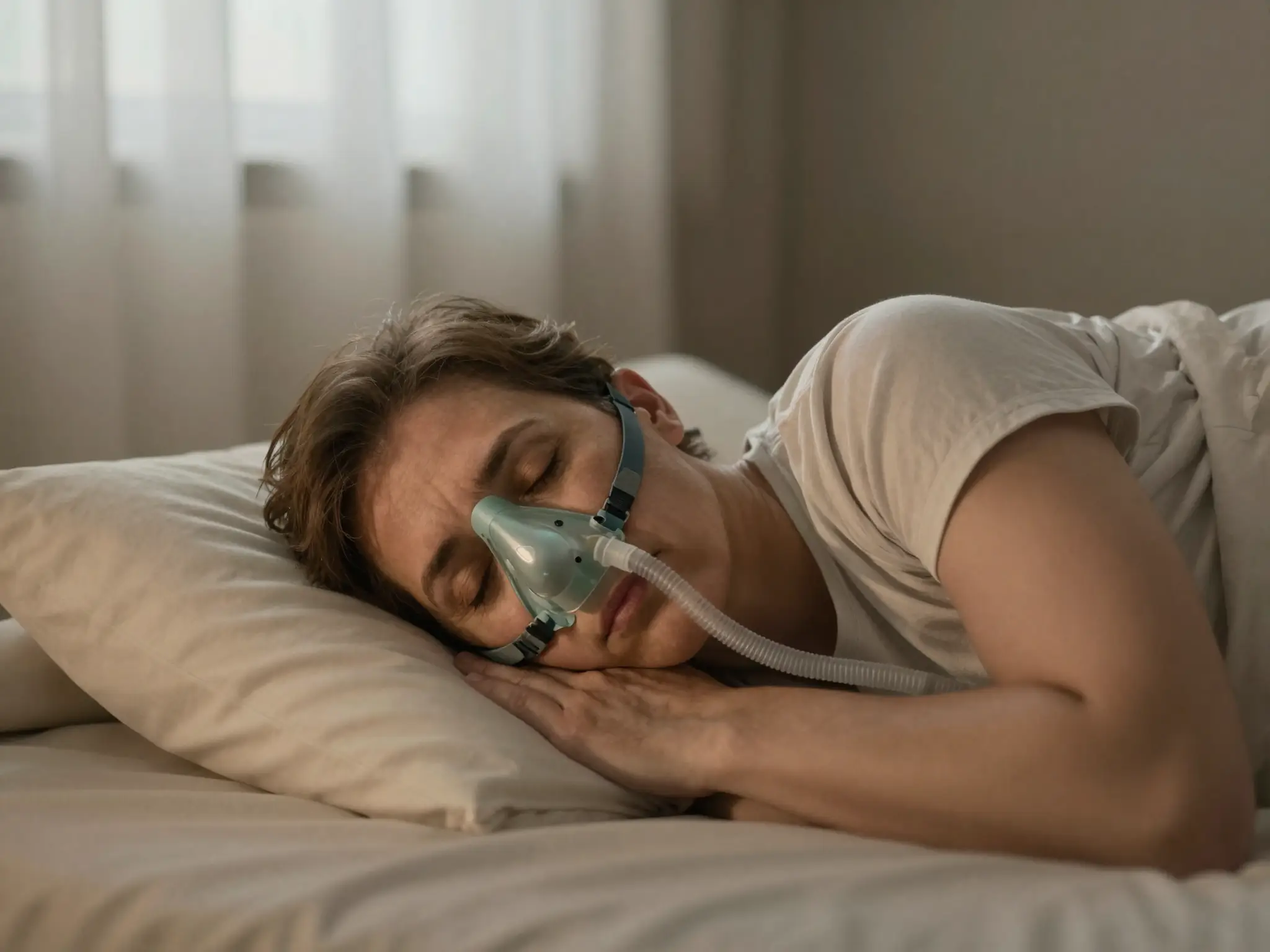 Patient sleeping restfully with a CPAP machine