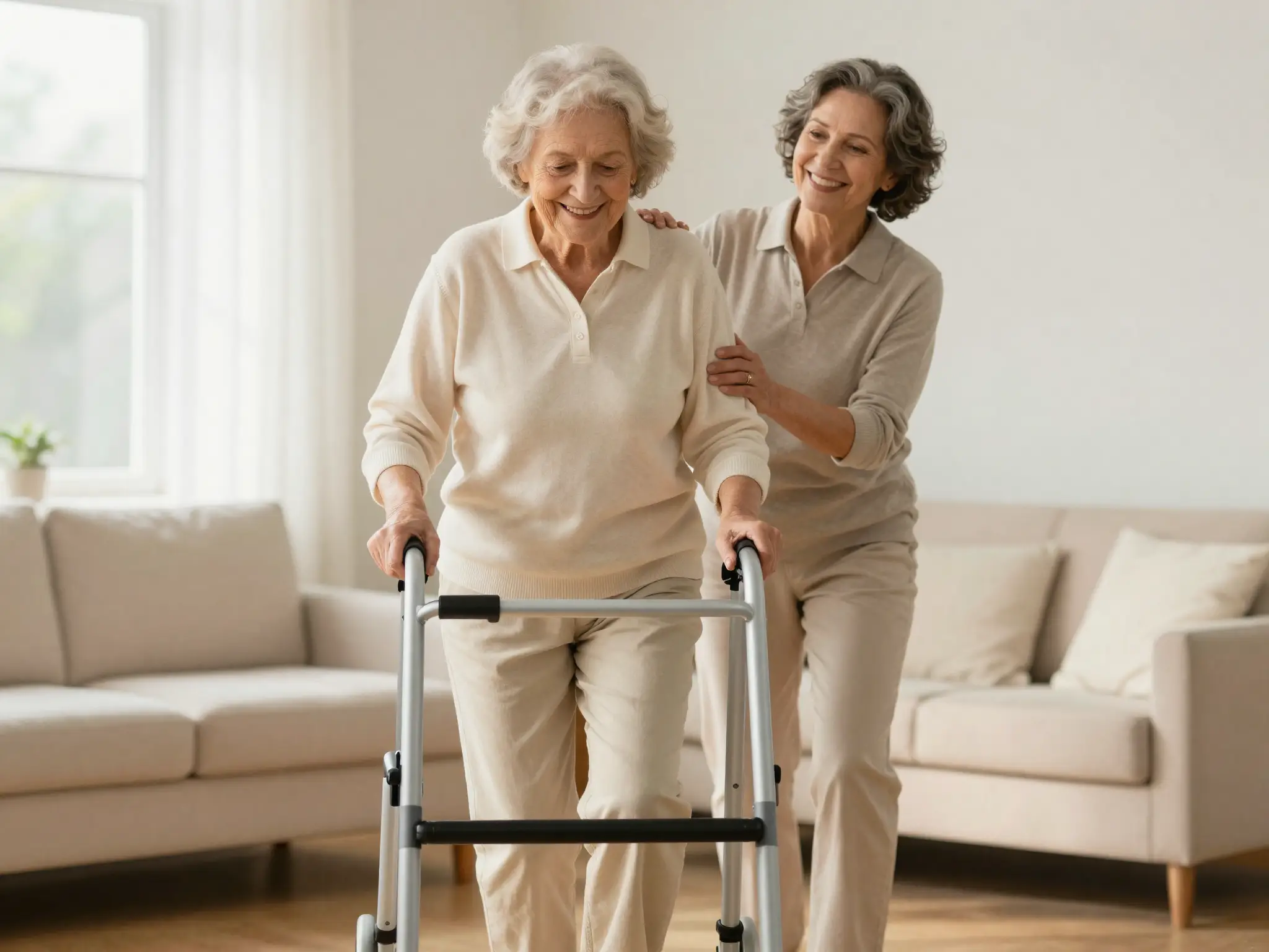 Senior walking with a mobility aid, supported by a caregiver